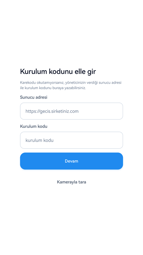 Elle kurulum ekranı: sunucu adresi ve kurulum kodu alanları, altında kamerayla tarama seçeneği.